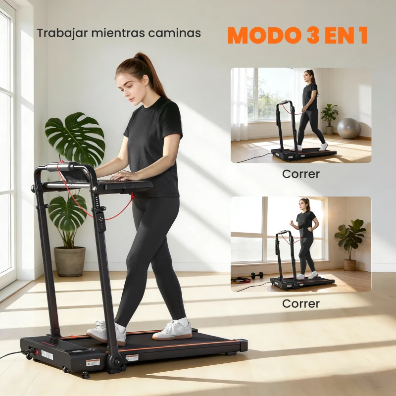 SPORTNOW Cinta de Correr Plegable con Escritorio Extraíble 2.5HP 1-12 KM/H Pantalla LED Manillar y Soporte para Móvil Negro