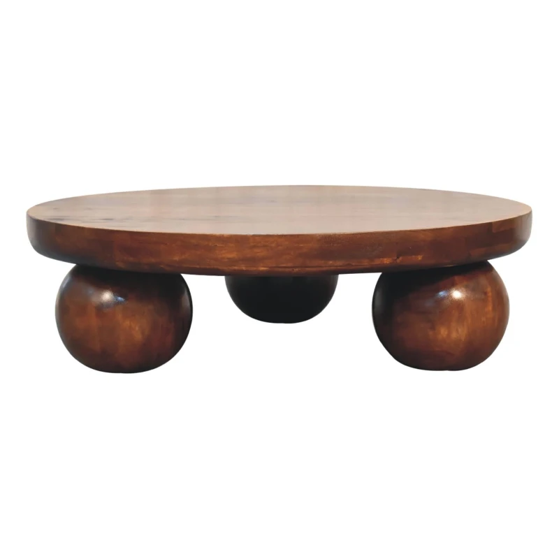 Solid Mango Wood Centre Table with Sculptural Central Ball Base, Handcrafted Desk with Stain-Based Finish, 80L x 80W x 23H cm, Brown