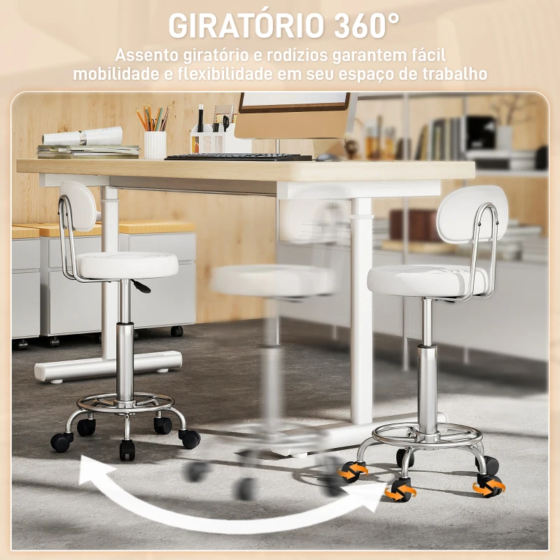 HOMCOM Banco Giratório com Rodas e Encosto Banco de Trabalho com Altura Ajustável Banco Estofado em Couro Sintético 32x40x70x70-86 cm Branco
