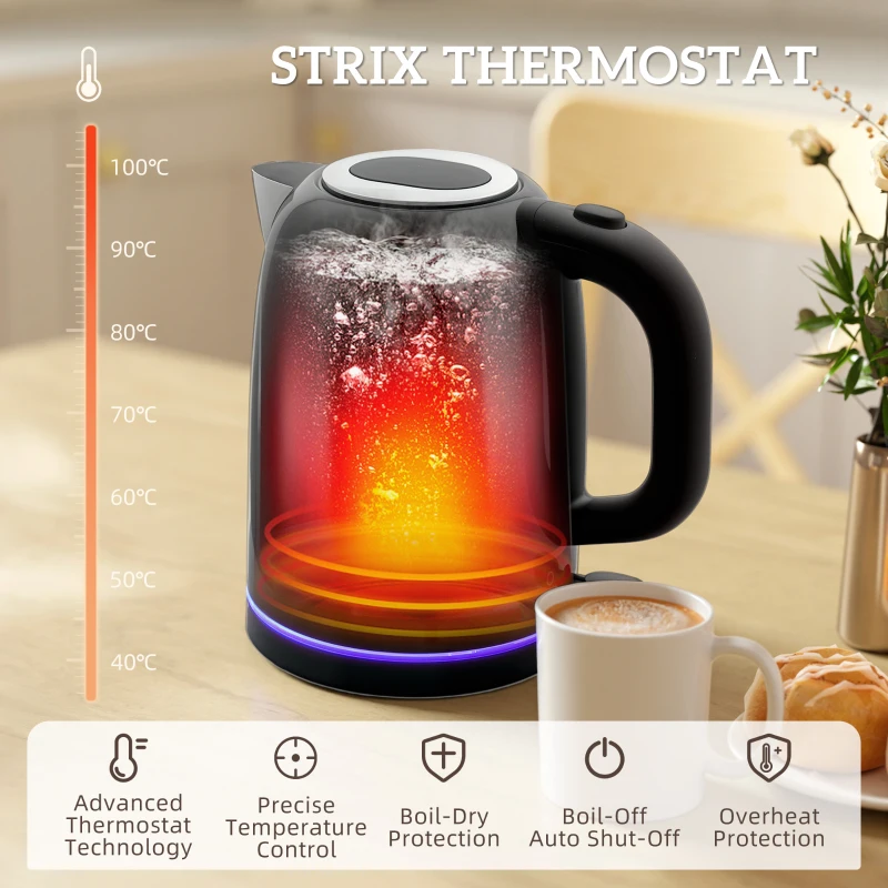 HOMCOM Kettle and Toaster Set, 1.7L 3000W Rapid Boil Jug Kettle with Otter Thermostat, Limescale Filter, 4 Slice Toaster with 7 Browning Controls, Crumb Tray, LED Strip, Black