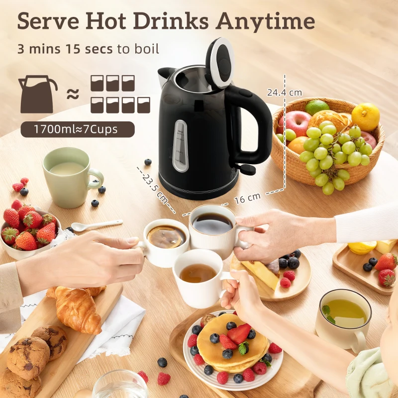 HOMCOM Kettle and Toaster Set, 1.7L 3000W Rapid Boil Jug Kettle with Otter Thermostat, Limescale Filter, 4 Slice Toaster with 7 Browning Controls, Crumb Tray, LED Strip, Black