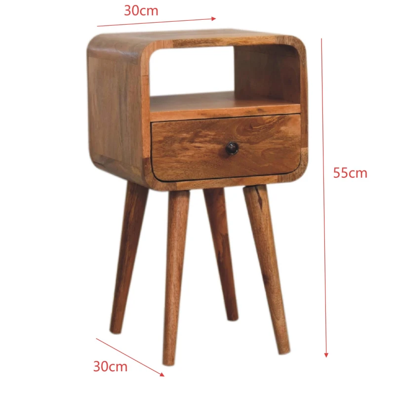 100% Solid Mango Wood Mini Bedside Table with Unique Grain, Handcrafted Desk with Drawer and Open Shelf, 30L x 30W x 55H cm, Brown