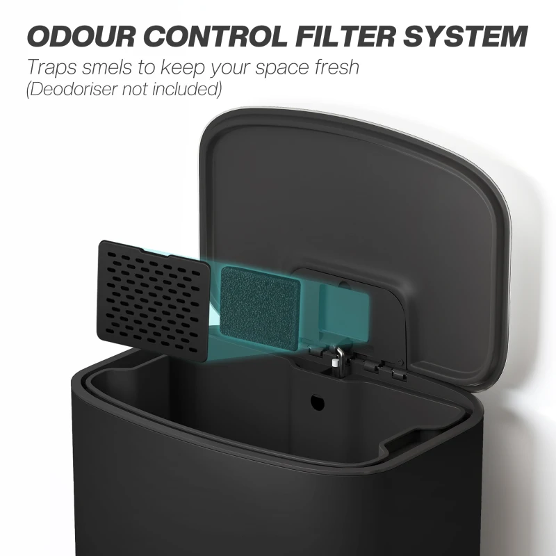 HOMCOM 50L Kitchen Bin with Soft-Close Lid and Stay-Open Function, Stainless Steel Pedal Bin with Removable Inner Bucket, Carry Handle for Kitchen, Office, Home, Black