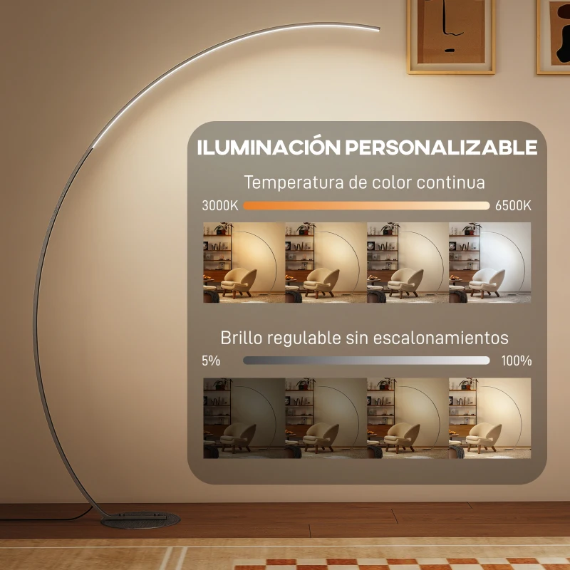 HOMCOM Lámpara de Pie Forma Arco con Brillo y Temperaturas de Color Ajustables 3000K-6500K Mando a Distancia Magnético Plata