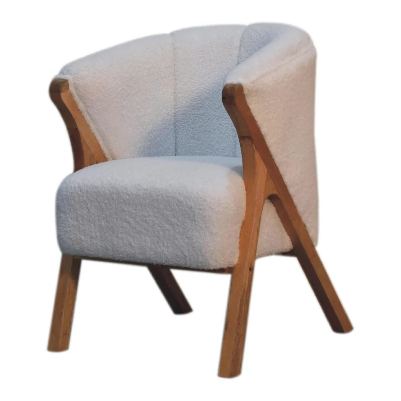 Bouclé Handcrafted Accent Chair with Solid Mango Wood Frame, Minimalist Stool with Sustainably Sourced, 60L x 62W x 85H cm, Brown