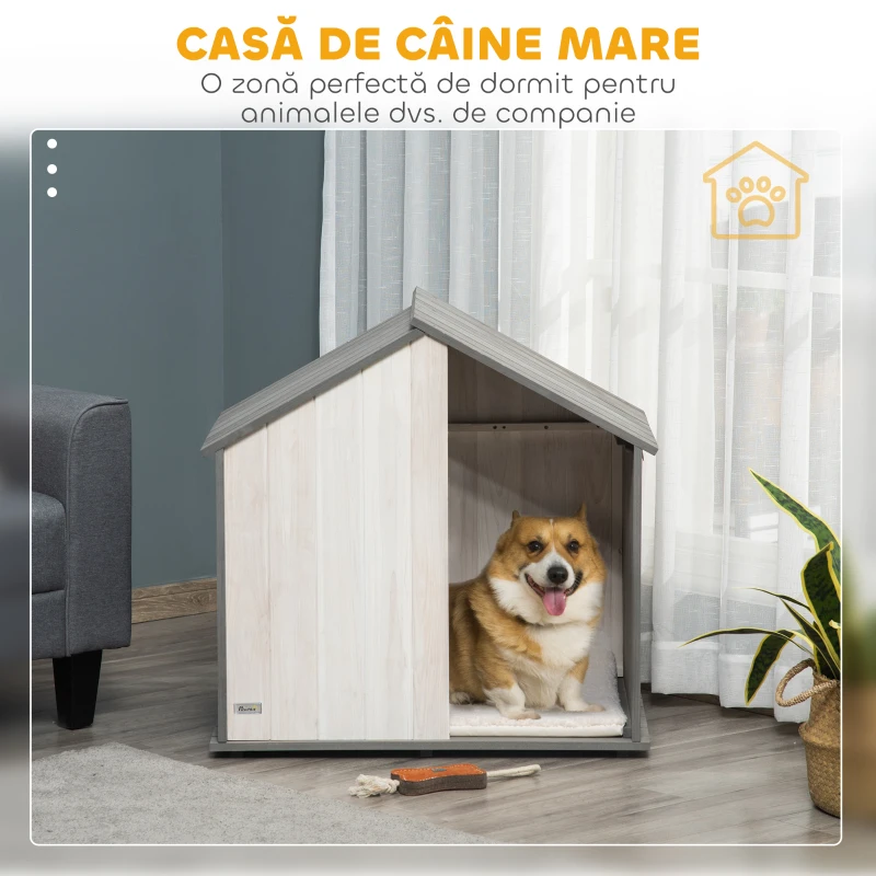 PawHut Cusca pentru Caini in Forma de Casuta din Lemn, cu Perna Inclusa, Gri si Alb