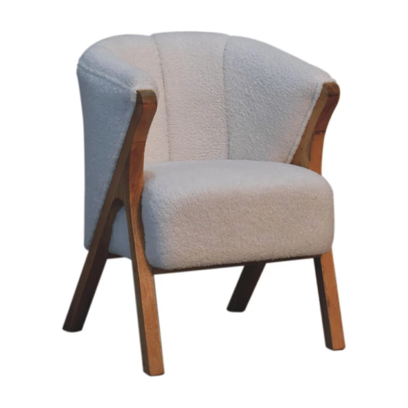 Bouclé Handcrafted Accent Chair with Solid Mango Wood Frame, Minimalist Stool with Sustainably Sourced, 60L x 62W x 85H cm, Brown