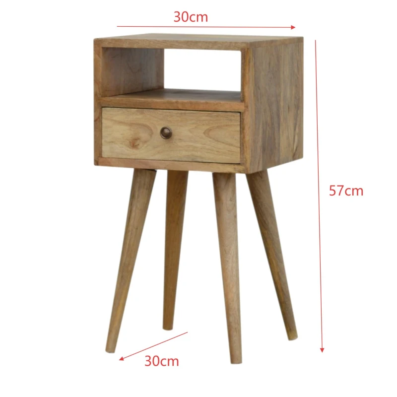 Solid Wood Mini Bedside Table with Drawer and Open Slot for Storage, Handcrafted Desk with Oak-effect Finish, 30L x 30W x 57H cm, Brown