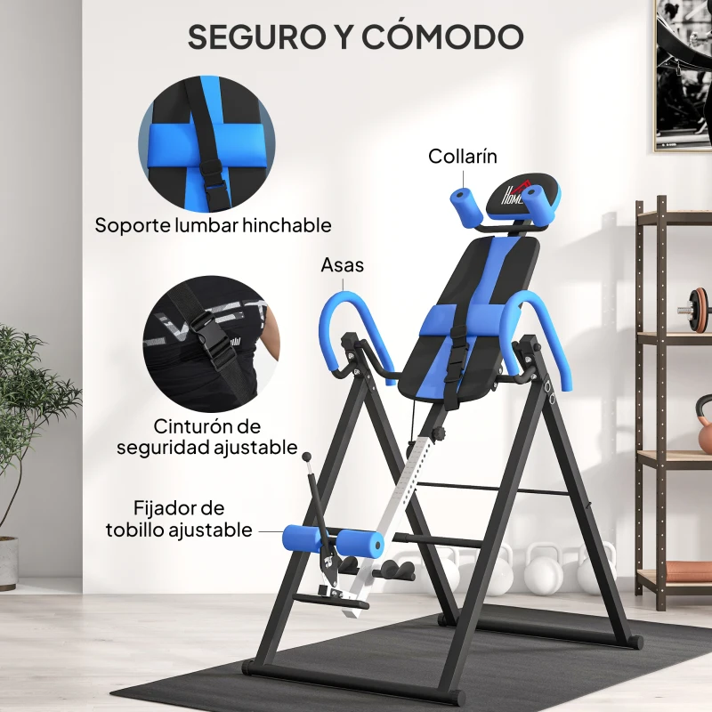 HOMCOM Tabla de Inversión Plegable con Inclinación hasta 90° y Cinturones de Seguridad 79x114x153 cm Azul y Negro