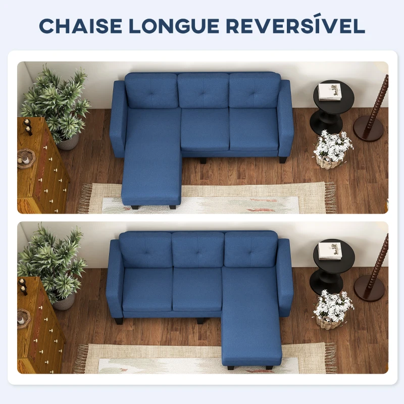 HOMCOM Sofá Chaise Longue Sofá em Forma de L Estofado em Poliéster Sofá de Canto Reversível 186x130x84 cm Azul Escuro
