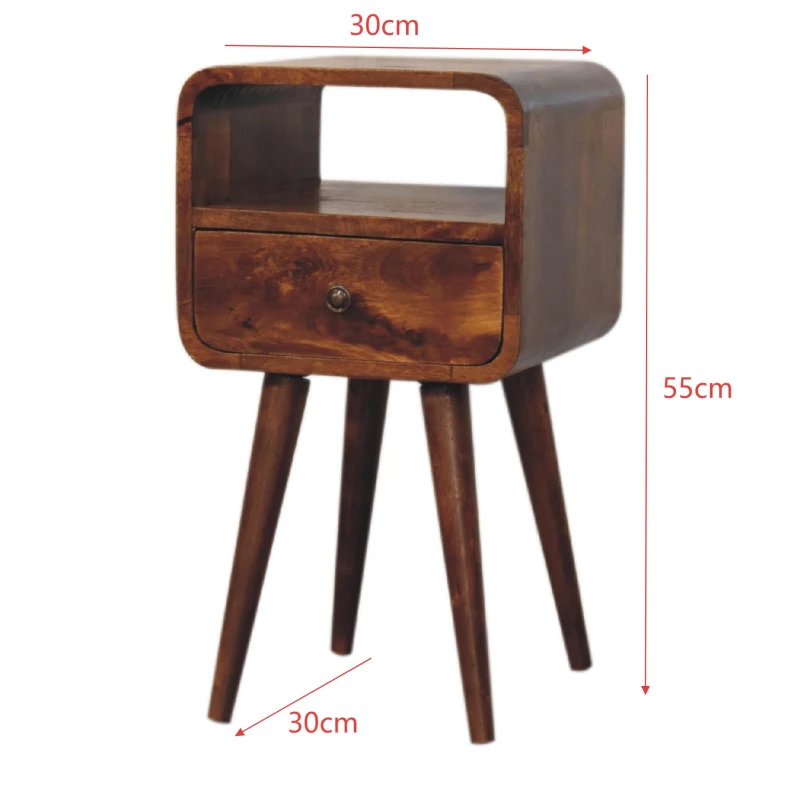 Solid Mango Wood Mini Bedside Table with Drawer and Open Shelf, Hand-Finished Desk with Unique Grain, 30L x 30W x 55H cm, Brown