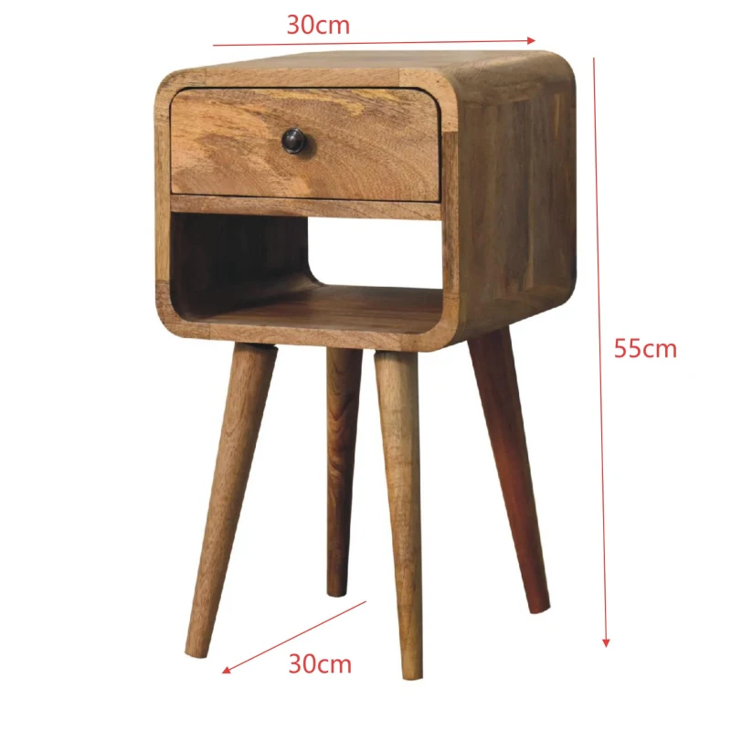 Solid Mango Wood Mini Bedside Table with Spacious Drawer and Open Slot, Hand-finished Desk with Unique Grain, 30L x 30W x 55H cm, Brown