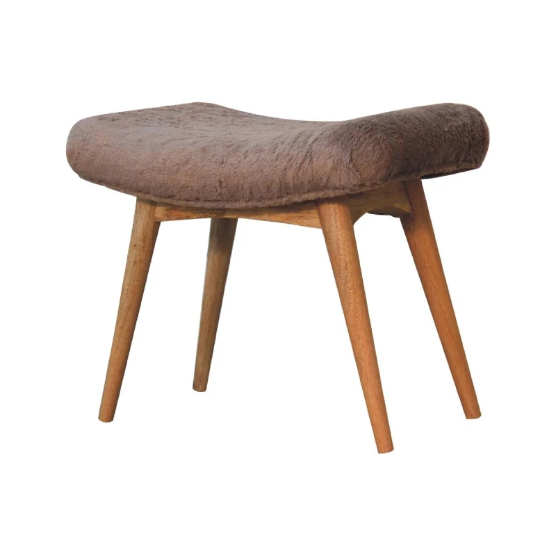 Solid Mango Wood Upholstered Curved Bench with Nordic Legs, Boucle-Style Faux Fur Seat for Living Room, 40L x 63W x 52H cm, Brown