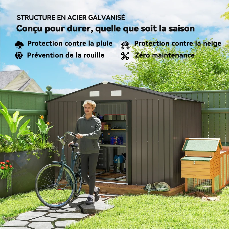 Outsunny Abri de jardin 5,4 m² 2,77 x 1,95 x 1,92 m kit de fondation porte coulissante ventilations acier galvanisé, marron