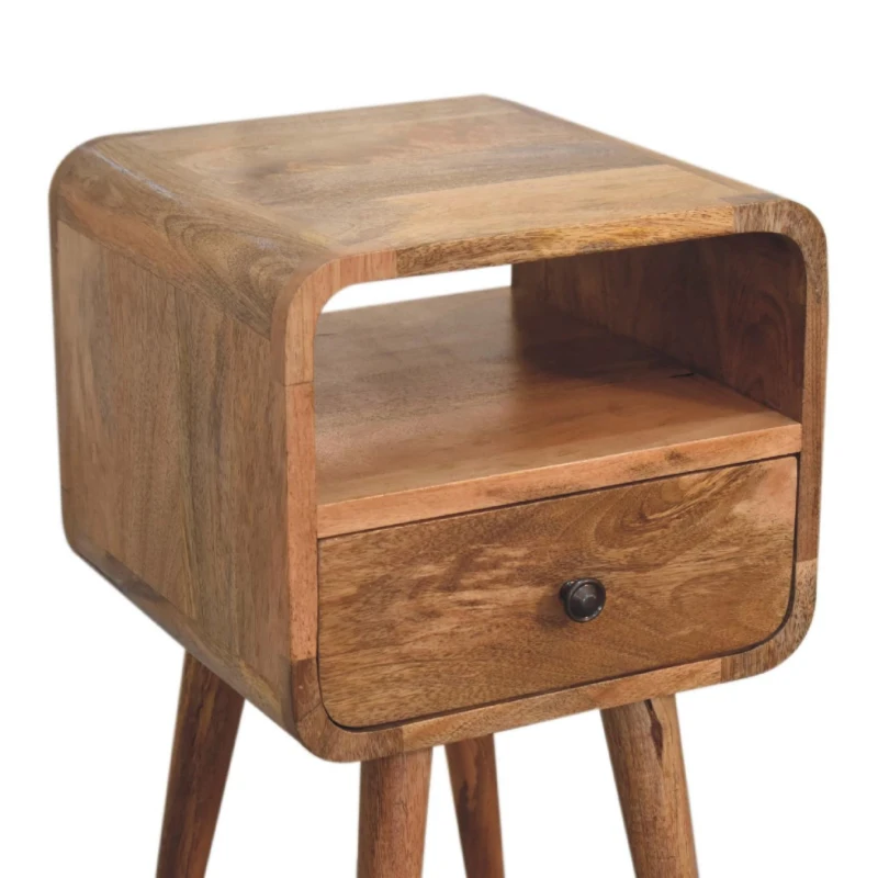 100% Solid Mango Wood Mini Bedside Table with Unique Grain, Handcrafted Desk with Drawer and Open Shelf, 30L x 30W x 55H cm, Brown