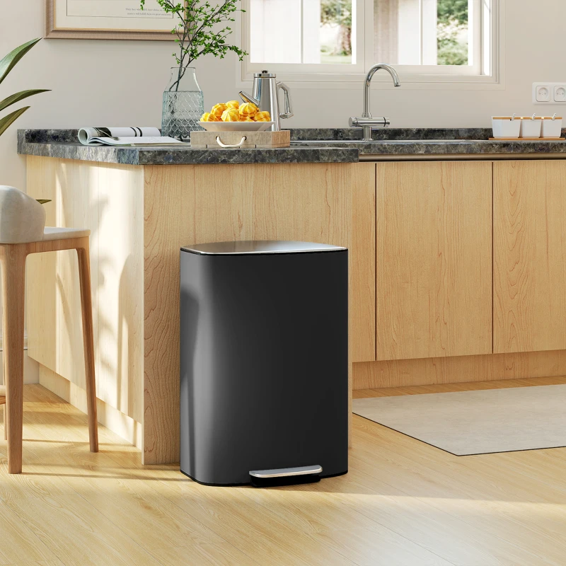 HOMCOM 50L Kitchen Bin with Soft-Close Lid and Stay-Open Function, Stainless Steel Pedal Bin with Removable Inner Bucket, Carry Handle for Kitchen, Office, Home, Black