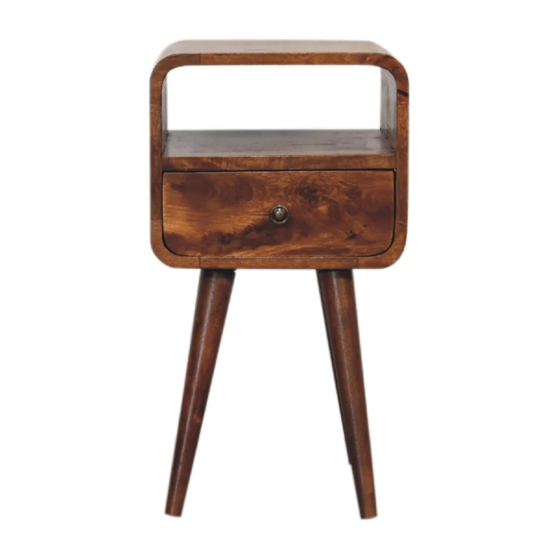 Solid Mango Wood Mini Bedside Table with Drawer and Open Shelf, Hand-Finished Desk with Unique Grain, 30L x 30W x 55H cm, Brown