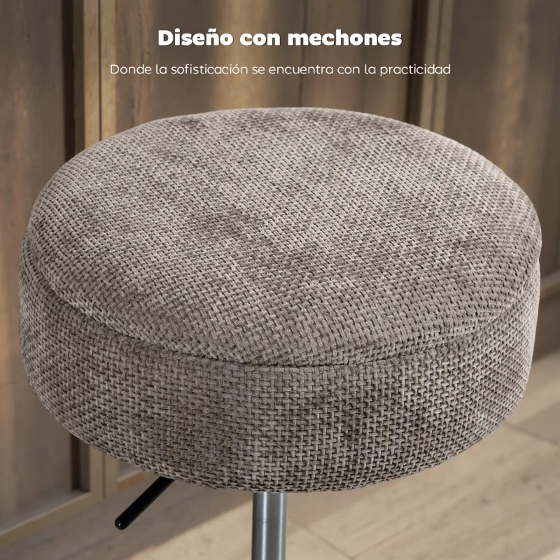 HOMCOM Taburete de Bar con Almacenaje Altura Ajustable Taburete de Cocina Redondo Giratorio Tapizado en Chenilla Gris