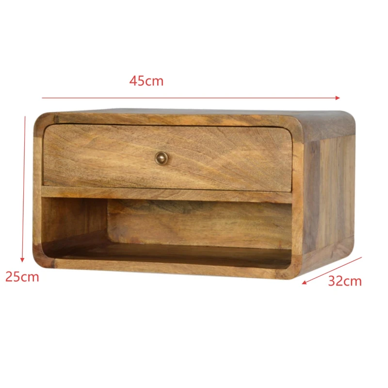 Solid Wood Floating Bedside Table with Drawer and Open Shelf, Handcrafted Desk with Clear Natural Finish, 32L x 45W x 25H cm, Brown