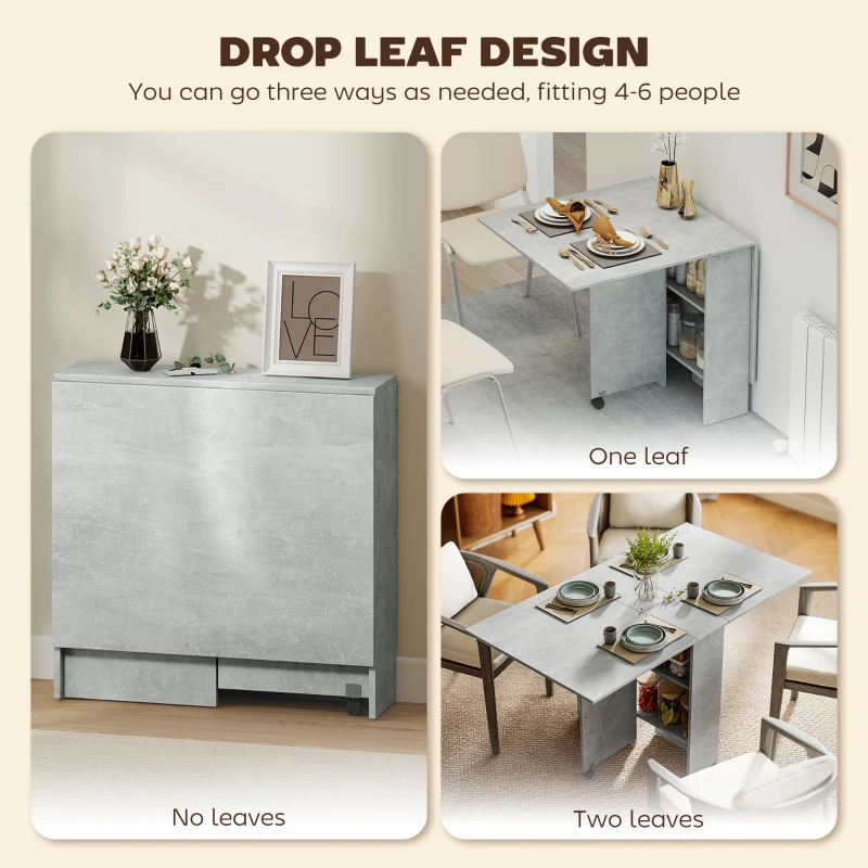 HOMCOM Folding Dining Table, Drop Leaf Table with 2-Tier Shelves, Rolling Casters, for Small Spaces, Kitchen, Cement Grey