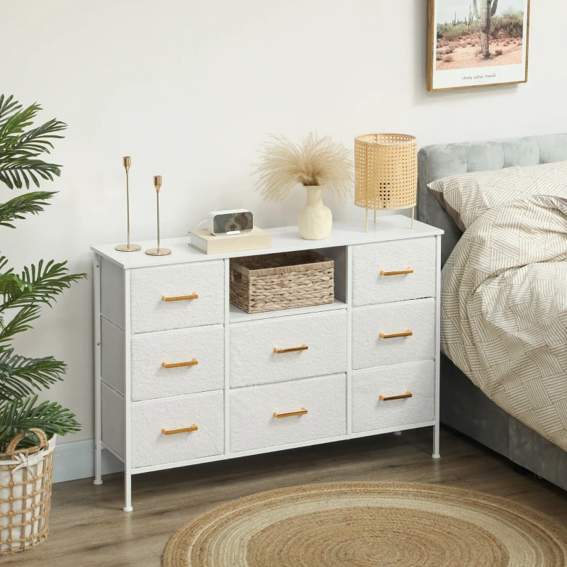 HOMCOM Commode 8 tiroirs en tissu bouclette, meuble de rangement avec 2 prises de courant, structure en acier 110x30x76cm crème