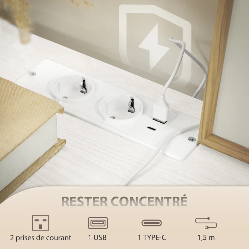 HOMCOM Commode 8 tiroirs en tissu bouclette, meuble de rangement avec 2 prises de courant, structure en acier 110x30x76cm crème