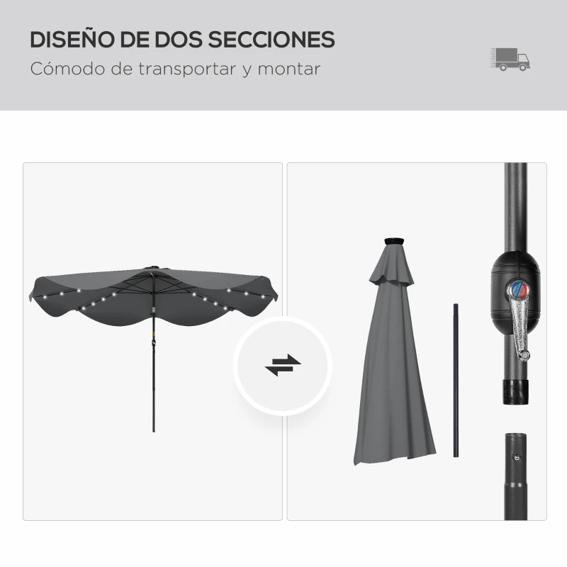 Outsunny Sombrilla de Jardín Manual Ø292x248 cm con 32 Luces LED Solares 8 Varillas Impermeable y Rejillas de Ventilación Gris