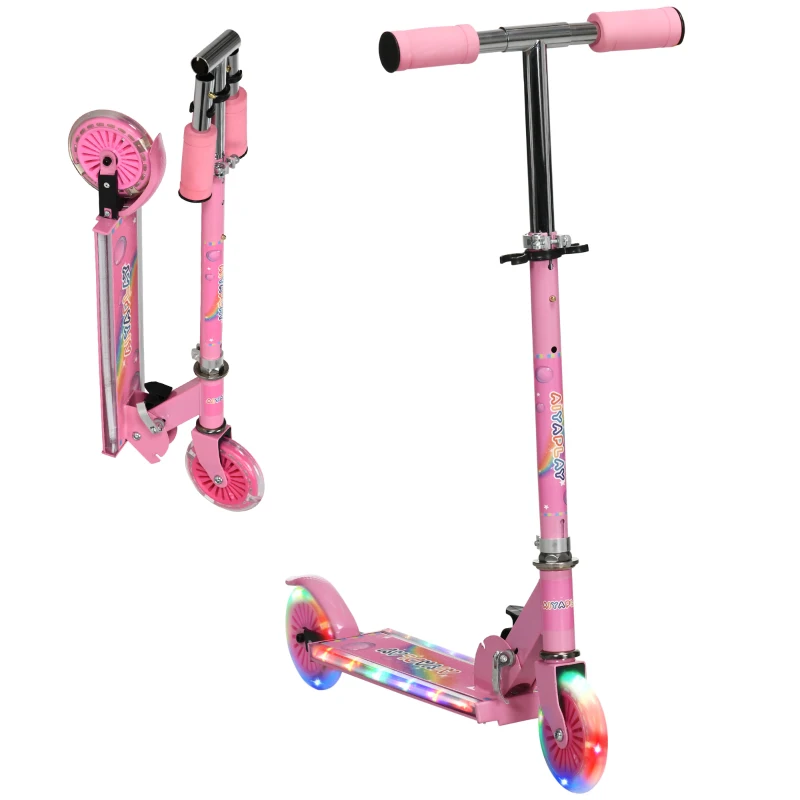 HOMCOM Patinete Infantil Plegable con Luces Música Altura Ajustable Ruedas Brillantes Pedal LED Carga 50kg 67x32x65-78cm Rosa