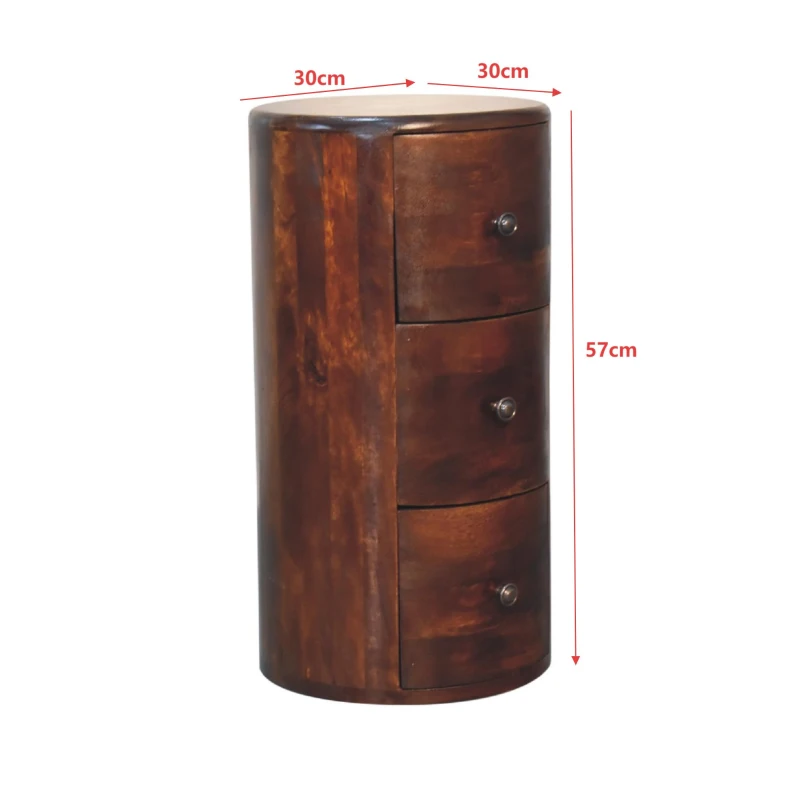 100% Solid Mango Wood Drum Chest with 3 Drawers, Sustainable and Durable Table with Handcrafted Stain Finish, 30L x 30W x 57H cm, Brown
