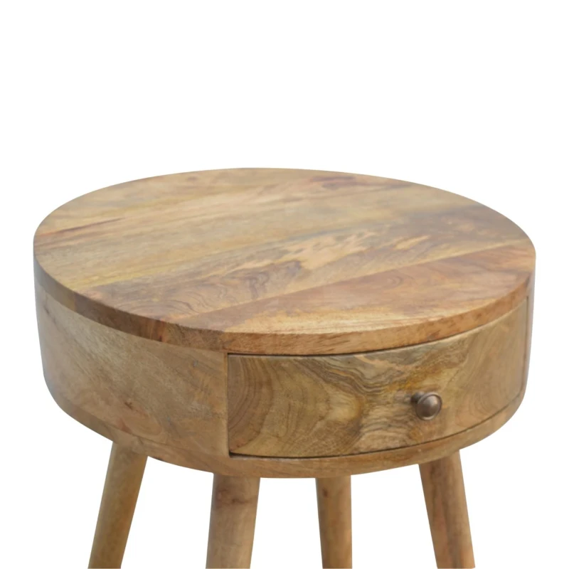 Solid Mango Wood Nordic Round Bedside Table with Unique Grain Pattern, Nightstand with Nordic Legs and Drawer, 40L x 40W x 56H cm, Brown