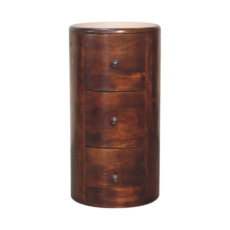 100% Solid Mango Wood Drum Chest with 3 Drawers, Sustainable and Durable Table with Handcrafted Stain Finish, 30L x 30W x 57H cm, Brown