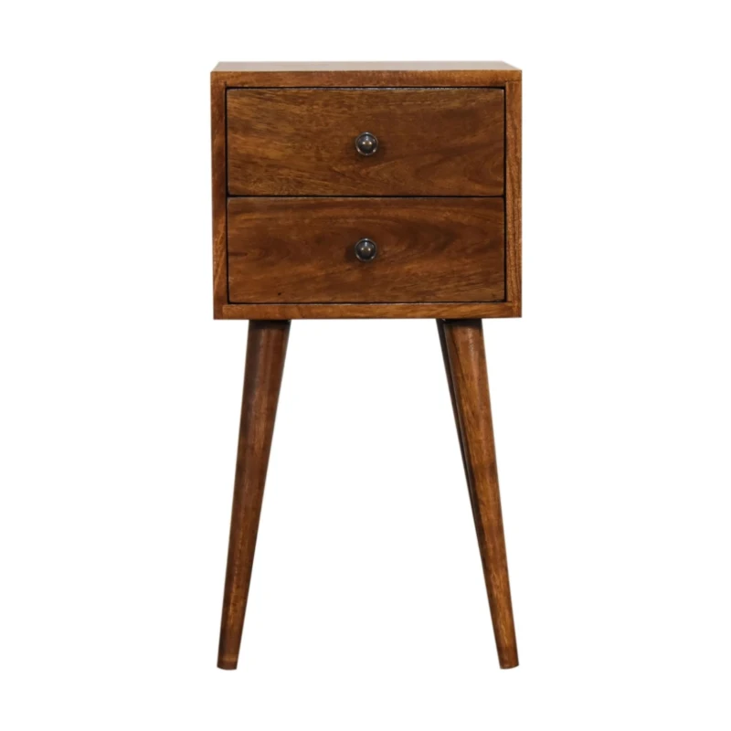 Solid Mango Wood Mini Bedside Cabinet with 2 Smooth-Gliding Drawers, Handcrafted Desk with Nordic Slim Legs, 30L x 30W x 57H cm, Brown