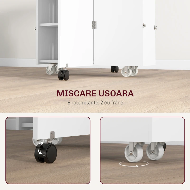 HOMCOM Masă Pliantă, Rulantă, Masă Pliabilă cu Cutie de Depozitare, Rafturi pe 3 Niveluri și Suport, 130x80x76.5 cm, Alb