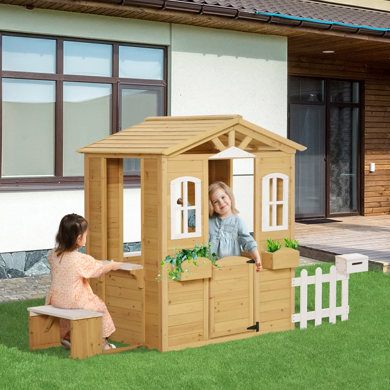 Outsunny Cabane de jeu pour enfant maison de jardin en bois porte et fenêtres, banc, boite aux lettres, clôture, de 3 à 6 ans
