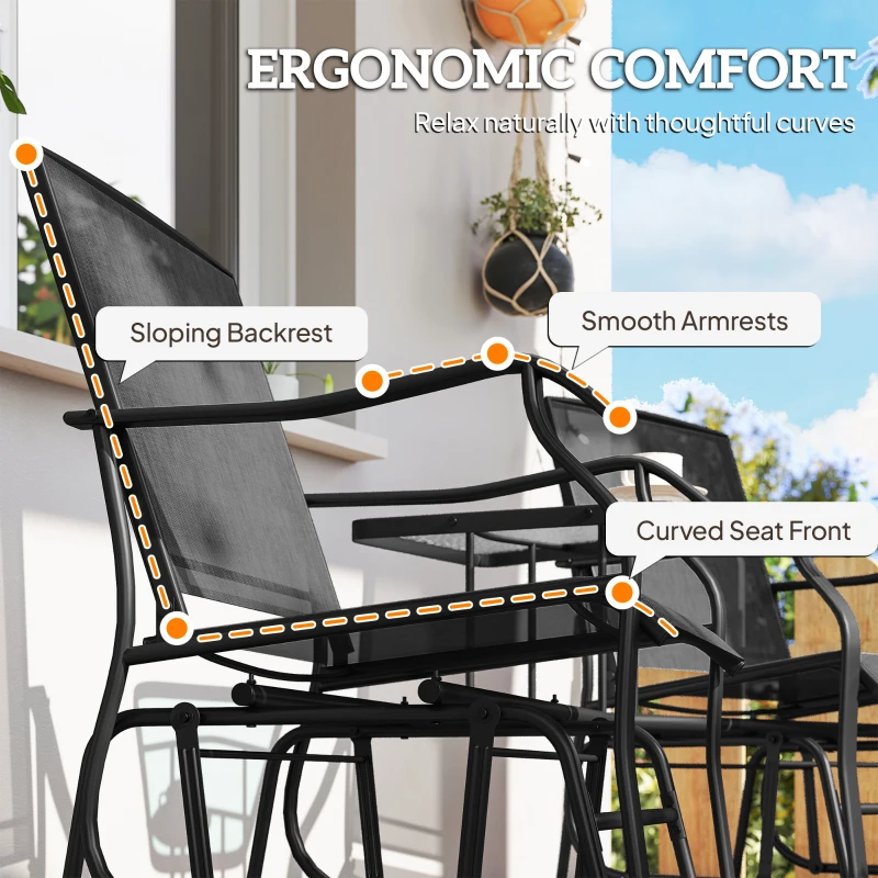 Outsunny Gliding Jack and Jill Seat, with Glass-Top Table - Black
