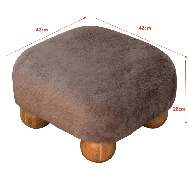 Solid Wood Faux Fur Nordic Footstool with High-Resilience Cushioning, Upholstered Square Seat with Storage Drawer, 42L x 42W x 28H cm, Brown