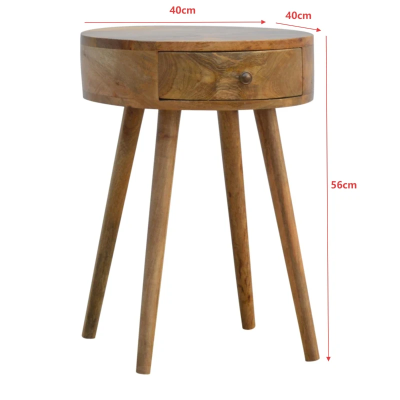 Solid Mango Wood Nordic Round Bedside Table with Unique Grain Pattern, Nightstand with Nordic Legs and Drawer, 40L x 40W x 56H cm, Brown
