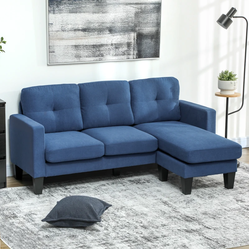 HOMCOM Sofá Chaise Longue Sofá em Forma de L Estofado em Poliéster Sofá de Canto Reversível 186x130x84 cm Azul Escuro