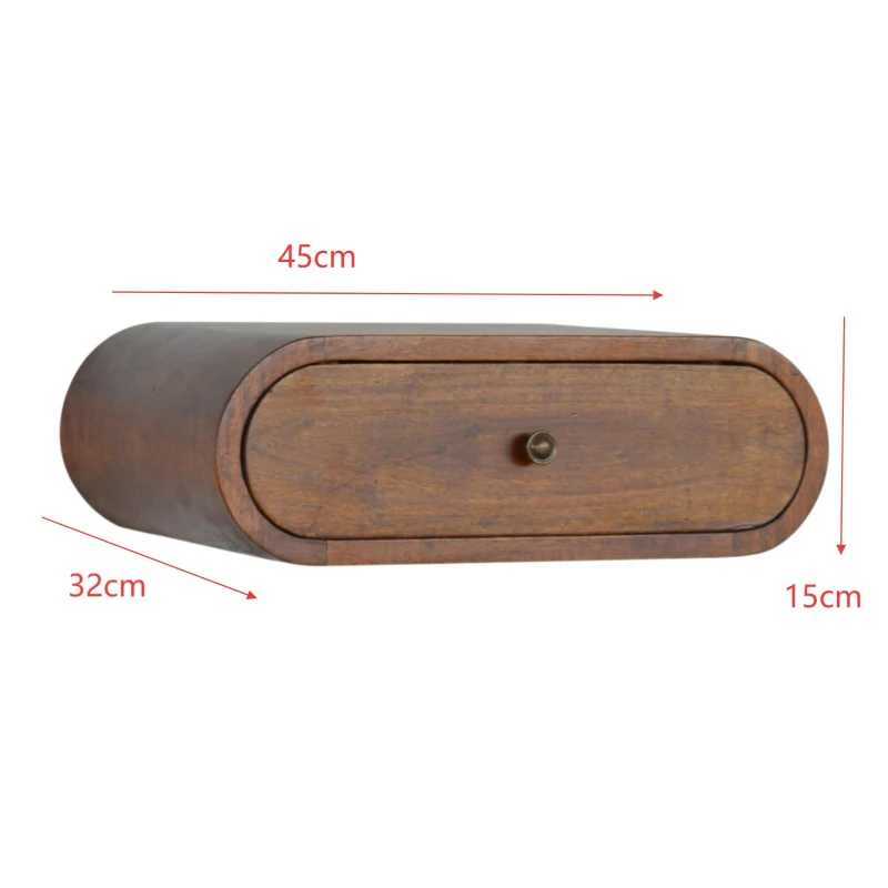 Solid Wood Wall-Mounted Round Bedside with Stain-Based Finish and Drawer, Desk with Clear Natural Finish, 32L x 45W x 15H cm, Brown