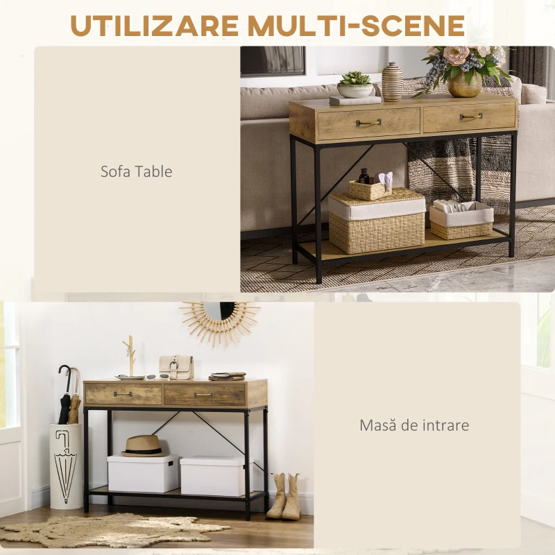 Homcom Masa Consola Vintage – Lemn & Metal cu Sertare & Raft