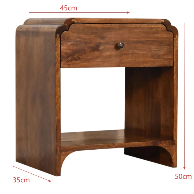 100% Solid Wood Newton Bedside Table with Drawer and Open Shelf, Handcrafted Desk with Stain-Based Finish, 35L x 45W x 50H cm, Brown