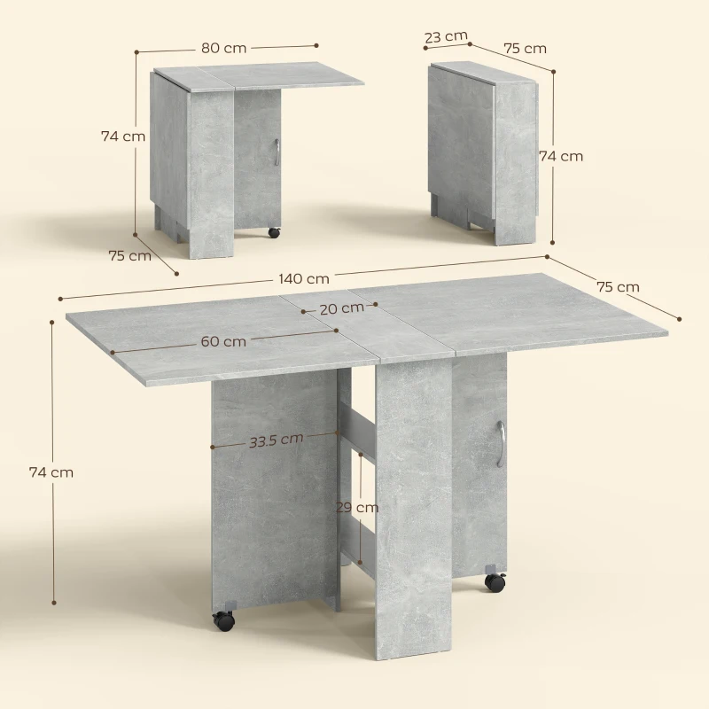 HOMCOM Folding Dining Table, Drop Leaf Table with 2-Tier Shelves, Rolling Casters, for Small Spaces, Kitchen, Cement Grey