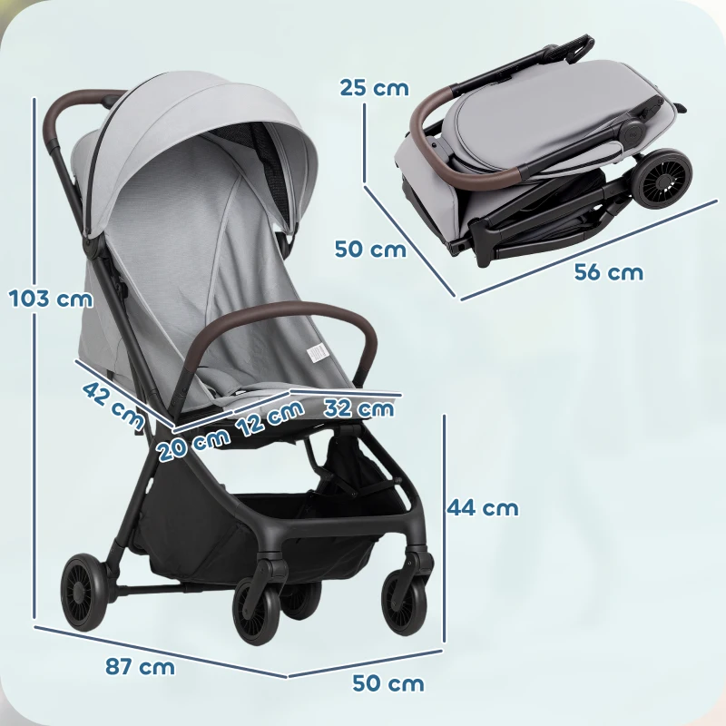 AIYAPLAY Foldable Baby Stroller with Adjustable Seat, 5-Point Harness, Canopy, Basket, 6.3kg Lightweight & Compact, Light Grey