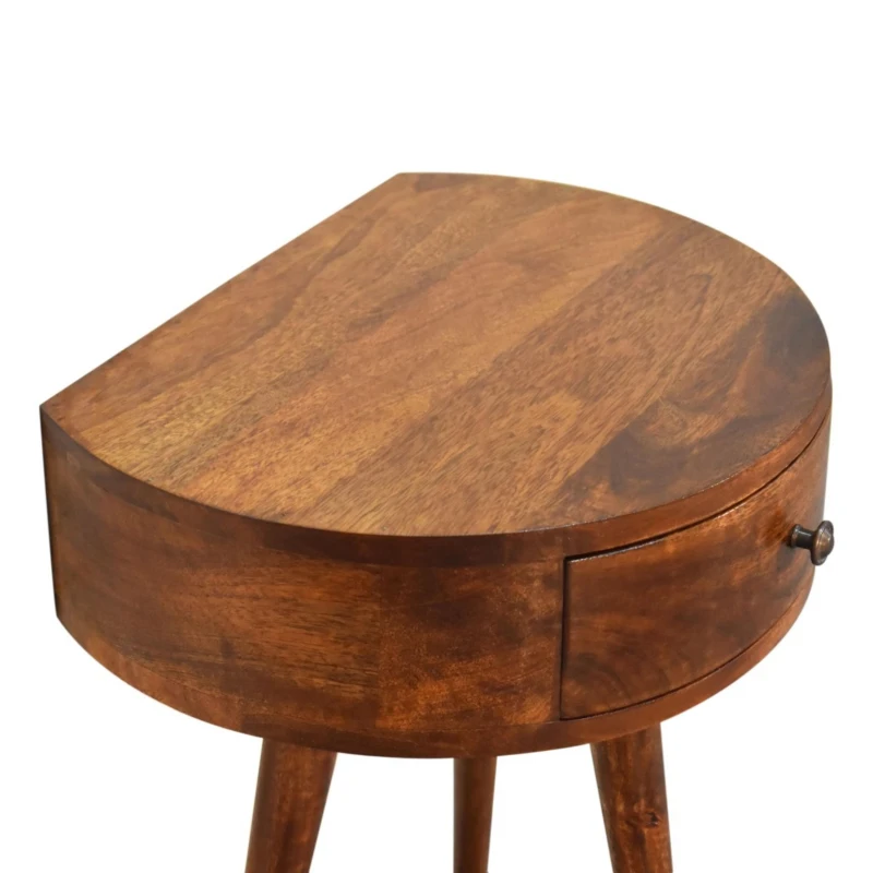 100% Solid Mango Wood Semi-Circular Bedside Table with Distinctive Grain, Desk with Drawer and Nordic Legs, 32L x 40W x 52H cm, Brown