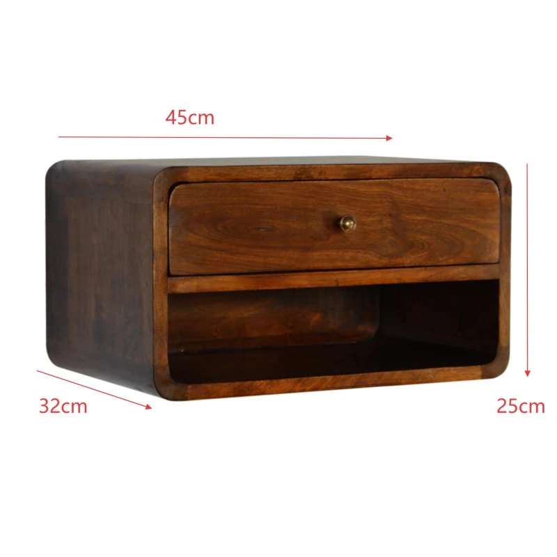 Solid Mango Wood Floating Bedside Table with Drawer and Open Shelf, Handcrafted Desk with Stain-Based Finish, 32L x 45W x 25H cm, Brown