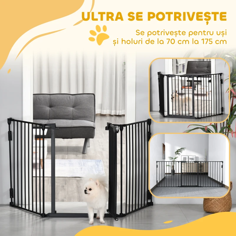 PawHut Poartă Metalică de Siguranță, Barieră pentru Câini cu Sistem de Autoînchidere, Reglabilă și Pliabilă, 180x3x74.5 cm, Negru