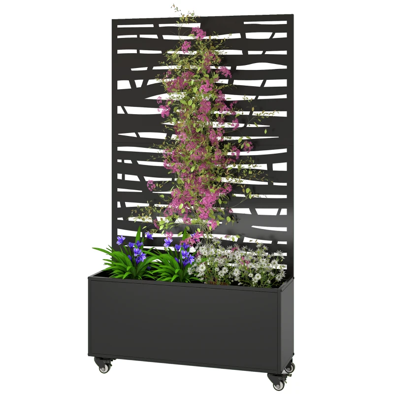 Outsunny Jardineira com Treliça Caixa de Flores em Metal com Painel de Privacidade e Rodas Treliça Recortada em Ripas 90x30x160 cm Preto