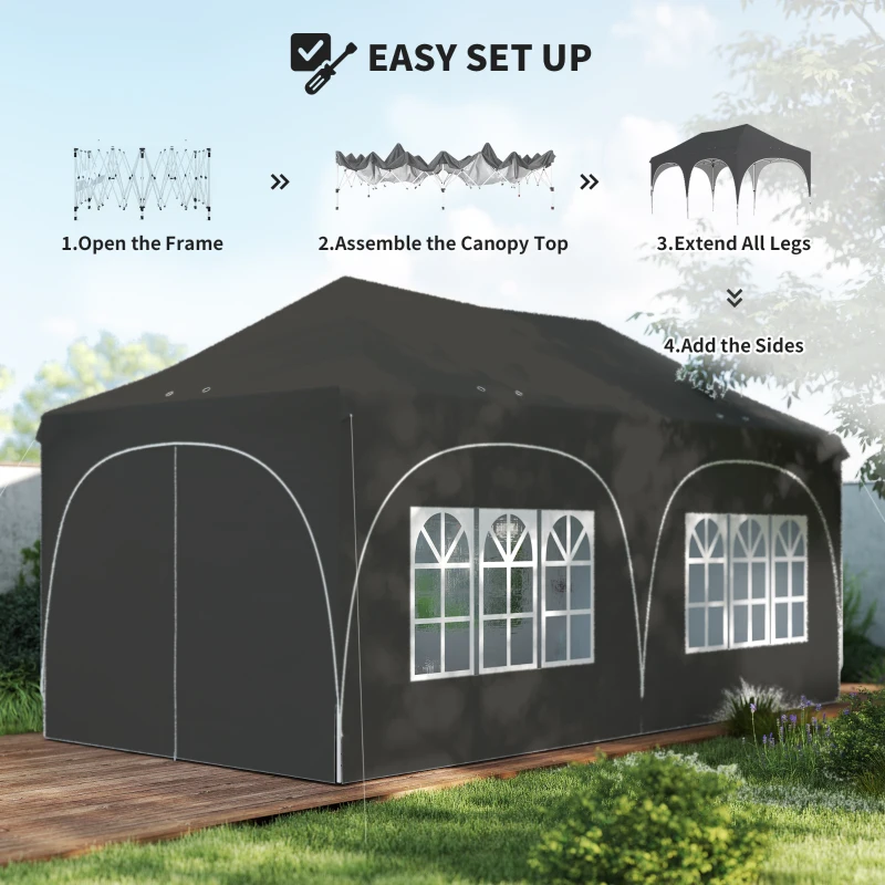 Outsunny Cort Pliabil 600x300 cm Pop-up cu 4 Laterale Detașabile Înălțime Reglabilă și Husă de Transport Gri închis