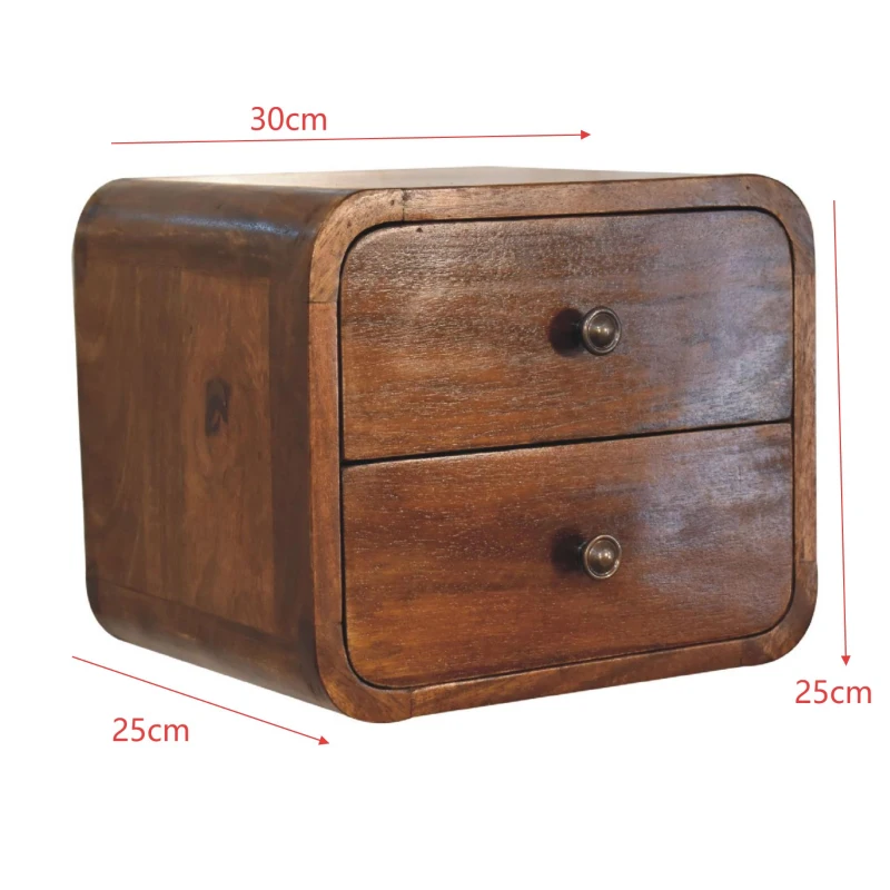 Solid Mango Wood Floating Mini Bedside with 2 Smooth-Gliding Drawers, Handcrafted Desk with Stain-based Finish, 25L x 30W x 25H cm, Brown