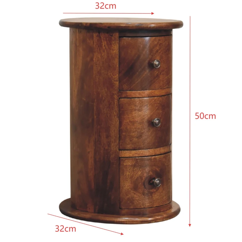 Solid Wood Mini Drum Chest with 3 Smooth-Gliding Drawers, Handcrafted Bedside Table with Stain-Based Finish, 32L x 32W x 50H cm, Brown